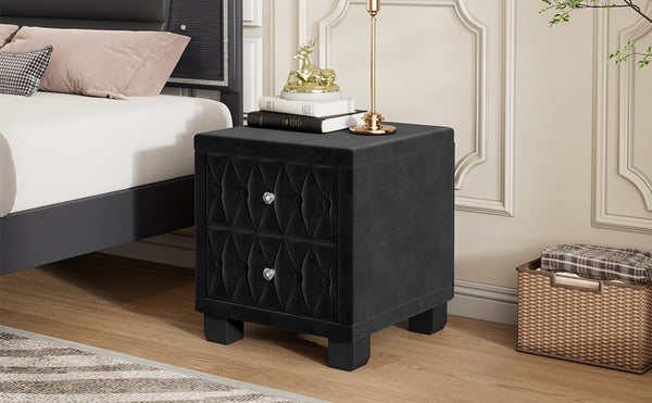 English Elm Elegant Velvet Upholstered Nightstand with Crystal Knobs Tufted Glam Bedside Storage Black N733P210398B