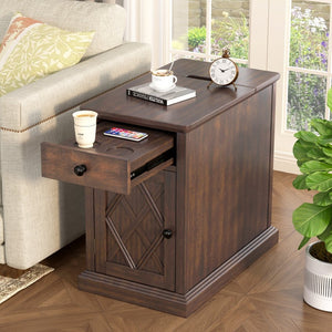 English Elm U-can Acacia Wood End Table with Usb Charging Station Drawer and Cabinet Storage Antique Espresso N724P353565P