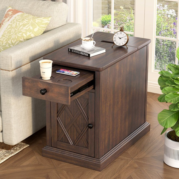 English Elm U-can Acacia Wood End Table with Usb Charging Station Drawer and Cabinet Storage Antique Espresso N724P353565P