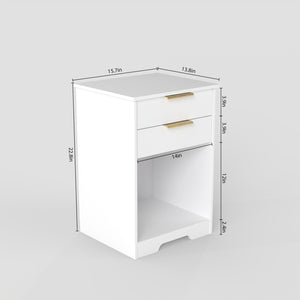 English Elm Nighstand White 2-Drawer Nightstand with Open Shelf, Gold Handles, Modern Compact End Table W3151P346294