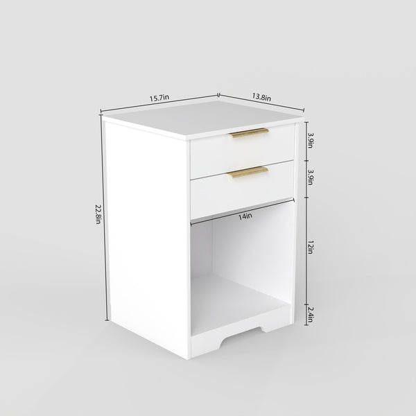 English Elm Nighstand White 2-Drawer Nightstand with Open Shelf, Gold Handles, Modern Compact End Table W3151P346294