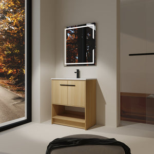 English Elm 30" Bathroom Vanity With Integrated Ceramic Sink, Soft-Close Doors & Open Shelf For Easy Storage W1972S00017