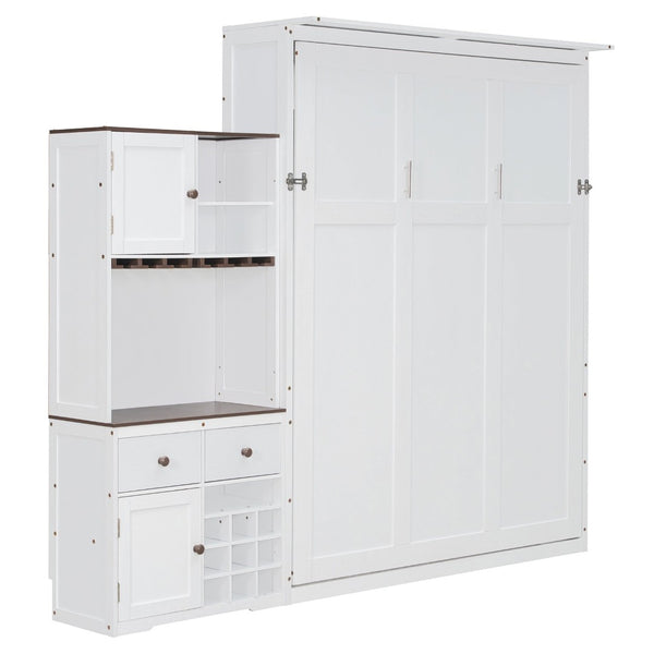 English Elm Queen Murphy Bed with Wine Rack Glass Holder Led Lighting and Cabinet White White LP000391AAK