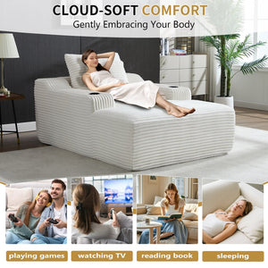 English Elm 67" Corduroy Oversized Chaise Sleeper Sofa Deep Seat Boneless Lounge with Cup Holder Pillows White W1803P409263