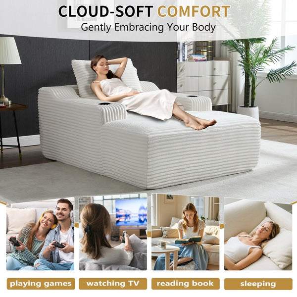 English Elm 67" Corduroy Oversized Chaise Sleeper Sofa Deep Seat Boneless Lounge with Cup Holder Pillows White W1803P409263