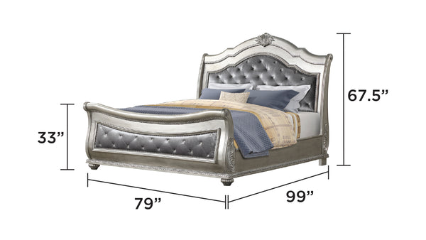 English Elm Destiny Traditional Upholstered Crystal-Tufted King Bed with Button Headboard, Silver Wood Frame B009S01355