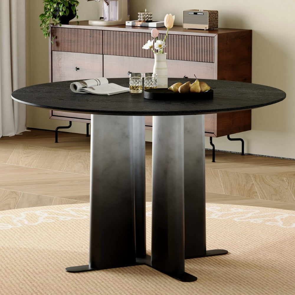 English Elm Round Mdf Dining Table with Gradient Cross Base Compact Modern Seating for Small Spaces Black W3875S00029