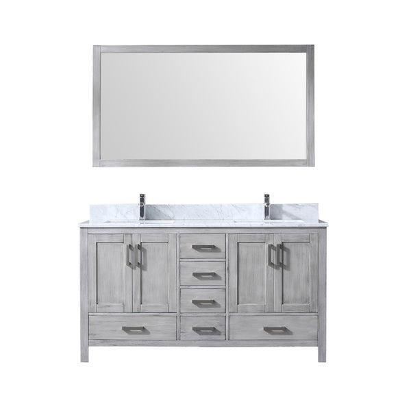 English Elm Distressed Grey 60" Double Bath Vanity with Carrara Marble Top, Chrome Faucet, 58" Mirror — Durable B2731S00994