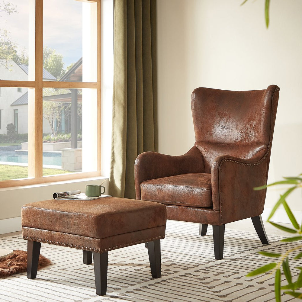 English Elm Christopher Knight Home® - Hi-back Vintage Distressed Lounge Chair with Ottoman - Tufted High-Back Comfort, Nailhead Trim Accent N760S0000046A
