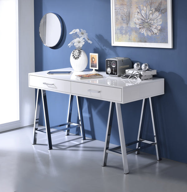 English Elm Coleen White High-Gloss Writing Desk with Chrome Base, Dual Drawers & Built-In USB Charging Port B2726P266610