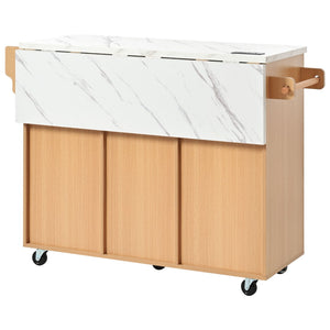 English Elm K&k Fluted Rolling Kitchen Island Faux Marble Top Power Outlet Drop Leaf Storage Natural N707S000019Y