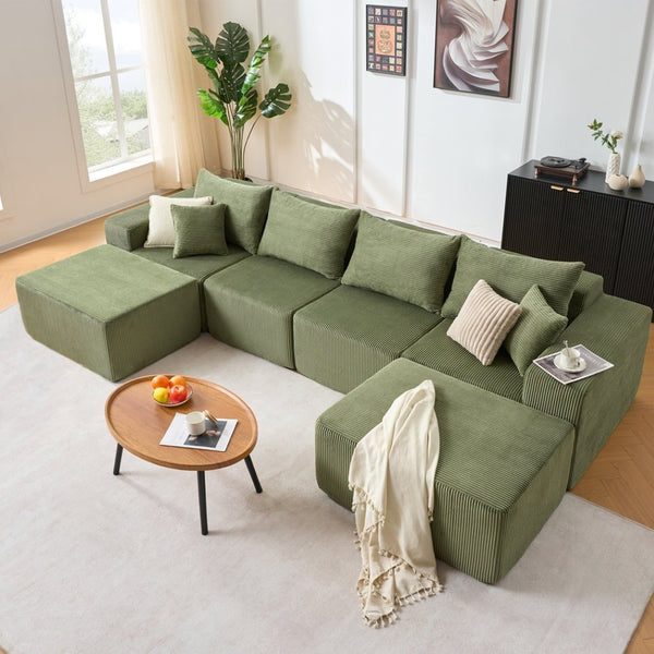 English Elm 6-piece U-shaped Modular Sectional with Chaise Soft Corduroy Family Lounge Sofa W3163S00106