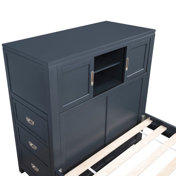 English Elm Gray Twin Platform Bed with Bookcase Headboard Hidden Desk Stool and Footboard Bench Navy Blue B011S02312