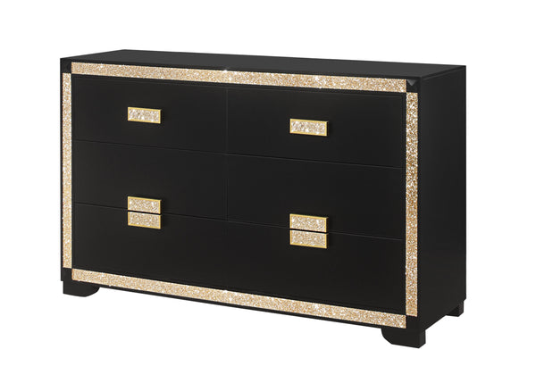 English Elm LIVELY Glam Chest with Gold Accents, Solid Wood & MDF Construction, Glitter Detail, Spacious Drawers Black 66 L x 20.25 W x 38 H B201P289718