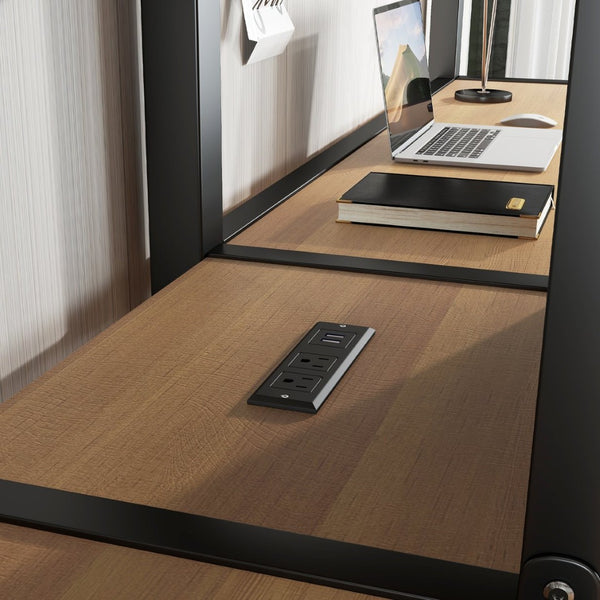 English Elm Twin Over Twin Metal Loft Bed With Double Desk, Wardrobe & Outlets For Ultimate Space Efficiency W1580S00115-GIGA