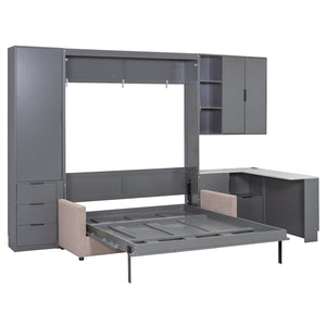English Elm Queen Murphy Wall Bed Hydraulic Lift Velvet Sofa Built-in Shelves Led Studio Unit Dark Gray LP000392AAE