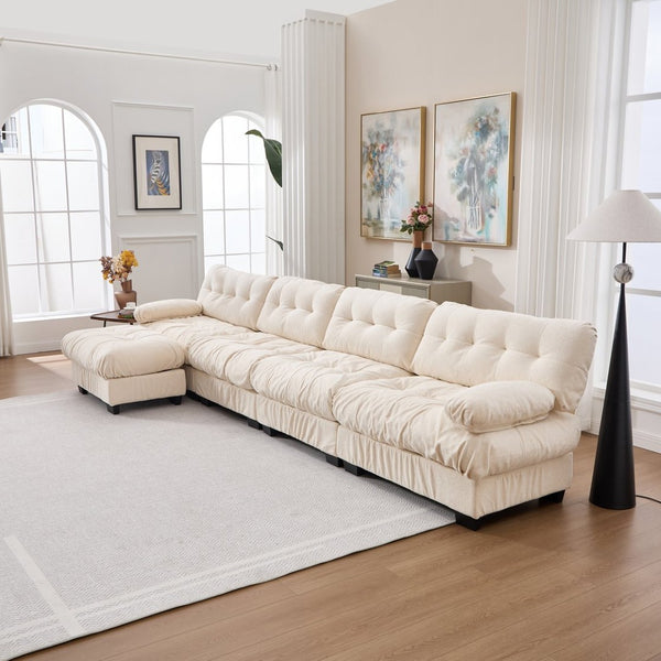 English Elm Modular Cloud Sofa Deep Seat Flannelette Sectional with Round Armrests for Living Room Beige W2120S00049