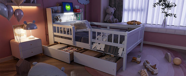 English Elm Wood Twin Size Platform Bed with Built-in LED Light, Multifunctional Headboard, Guardrail & Storage Drawers White N709P243969K