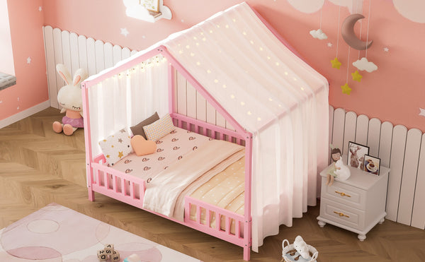 English Elm Montessori House Bed Frame Twin with Canopy & Full Guardrails, Cozy Kids Platform Bed for Toddlers Pink 77.8 L x 17.25 W x 7 H N733P356048H