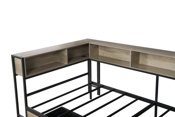 English Elm Corner Twin Bed Frame with Bookcase, LED Light & USB Charging, Reversible Daybed w/Storage Drawers W1670P255558