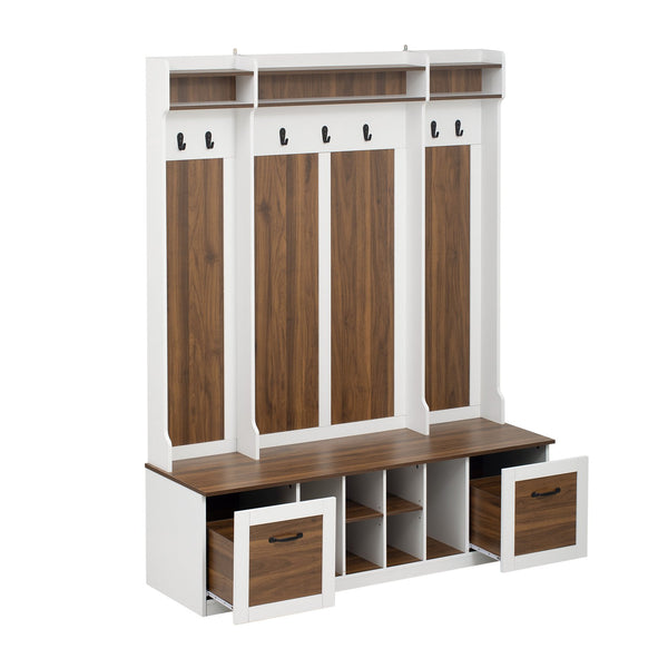English Elm U-Can 5-in-1 Entryway Bench Hall Tree with 7 Hooks, 2 Drawers & Adjustable Shelves for Organized Homes Brown+White N724P235232D
