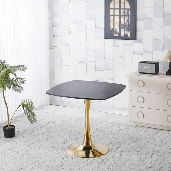 English Elm Square Mid-Century Dining Table 31.5" – Gold & Matte Black Tulip Pedestal, MDF Top, Compact Chic W3766P370534
