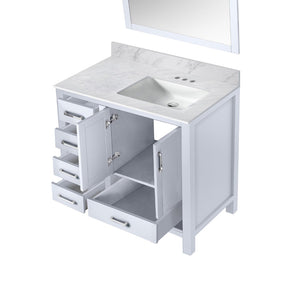 English Elm White Bath Vanity With Carrara Marble Top, Soft-Close Drawers & Coordinating Mirror For Elegant Space B2731S00680-GIGA