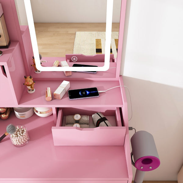 English Elm 3-color Led Vanity Table with Stool Drawers and Built-in Power Hub for Bedroom Pink W2700P457871