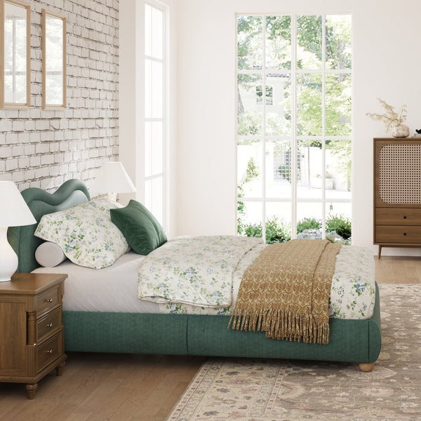 English Elm Queen Chenille Upholstered Curved Headboard Platform Bed with Oak Legs Solid Wood Slats W1716P428272