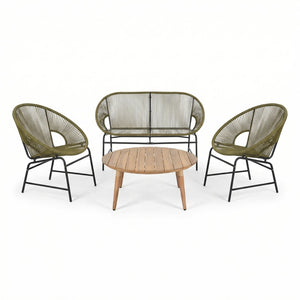 English Elm Nusa Outdoor Pe Rattan Conversation Set with Acacia Wood Coffee Table Patio Green,Natural NUSA4PCSET-GRN