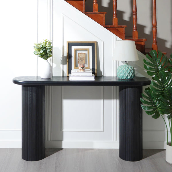 English Elm Wood Modern Black Console Table 65.4" Half-Moon Ribbed Entryway Table Durable Wipe-Clean Accent Piece W2729P239171