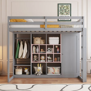English Elm Twin Loft Bed with Wardrobe Shelves and Cabinet Kids Bedroom Wood Storage Frame Pink+Grey N708S00023E