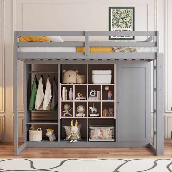 English Elm Twin Loft Bed with Wardrobe Shelves and Cabinet Kids Bedroom Wood Storage Frame Pink+Grey N708S00023E
