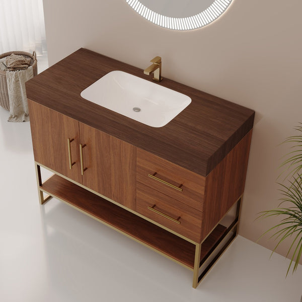English Elm 36" Freestanding Bathroom Vanity Sintered Stone Top Integrated Basin Gold Hardware W3136S00058