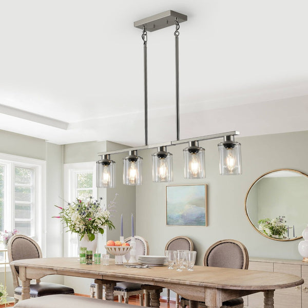 English Elm 37" Five-light Iron Chandelier Brushed Nickel Finish Clear Glass Linear Kitchen Pendant W1340P206715
