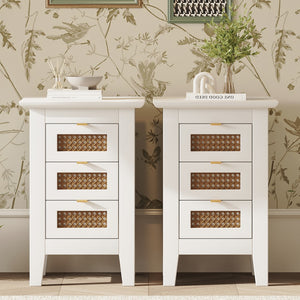 Hearth and Haven Wooden Nightstands Set Of 2 with Rattan-Woven Surfaces and Three Drawers, Exquisite Elegance with Natural Storage Solutions For Bedroom WF318538AAK