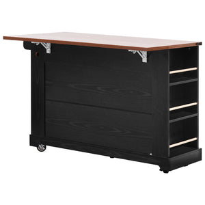 English Elm K&K 53" Farmhouse Kitchen Island with Drop Leaf, Tempered Glass Doors, Power Outlet, Rolling Cart Black N707P263637B