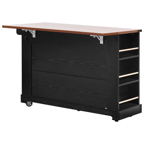 English Elm K&K 53" Farmhouse Kitchen Island with Drop Leaf, Tempered Glass Doors, Power Outlet, Rolling Cart Black N707P263637B