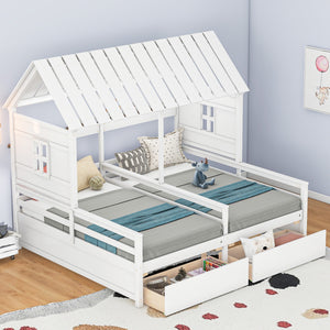 English Elm Twin House Platform Bed with Pitched Roof and Two Under-Drawers for Shared Kids’ Rooms, Durable Pine White GX000452AAK