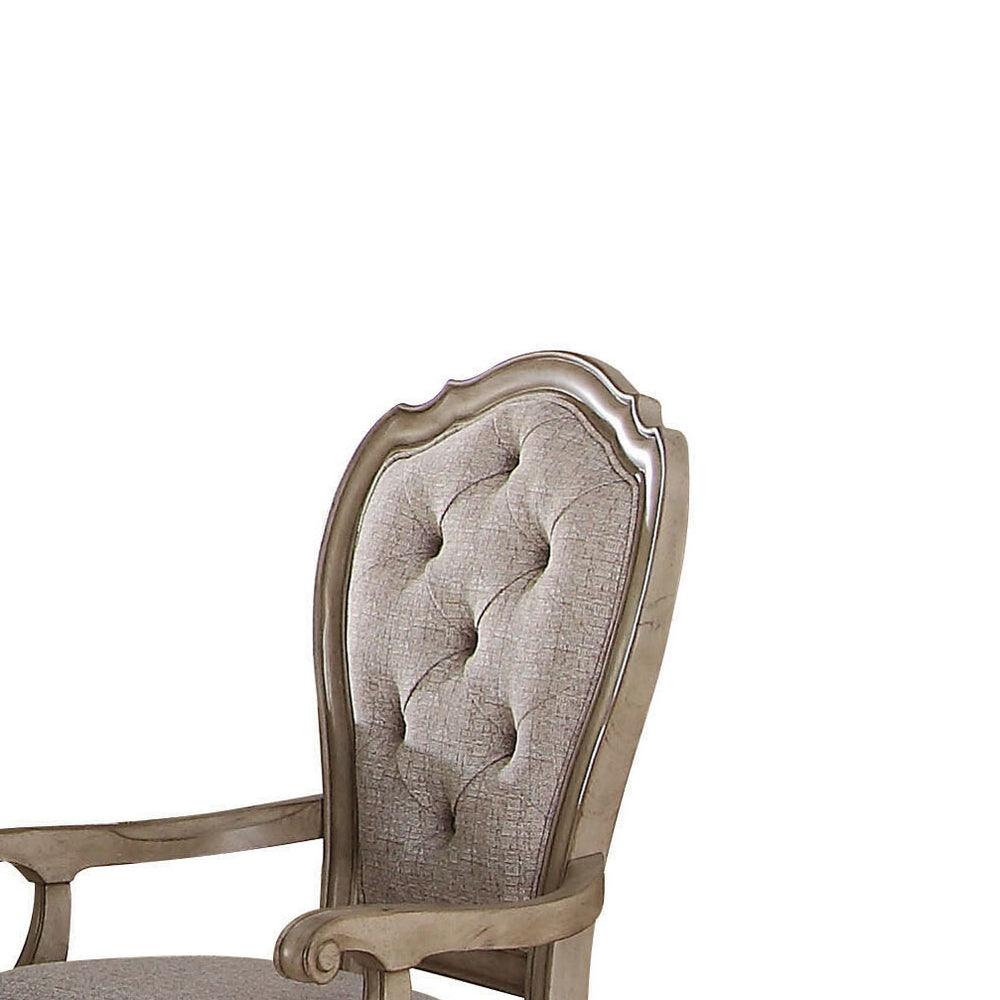 English Elm Beige Button-Tufted Arm Chair Set of 2 with Curved Wooden Apron, Welt Detail & Antique Taupe Finish B062P209240