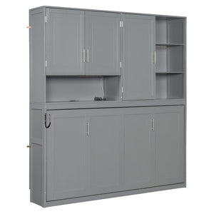 English Elm Twin Murphy Bed with Cabinet Shelves Built in Lighting Usb Ports Space Saving Wall Unit Gray LP000389AAE-1