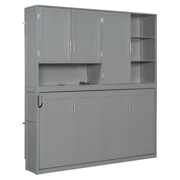 English Elm Twin Murphy Bed with Cabinet Shelves Built in Lighting Usb Ports Space Saving Wall Unit Gray LP000389AAE-1