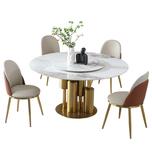 English Elm Modern Marble Dining Table - 59" Round Sintered Stone With 360° Lazy Susan For Chic Dining Spaces W2699S00014