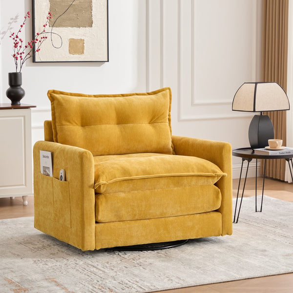 English Elm UNITED Swivel Barrel Chair with Chenille Upholstery, 360° Smooth Rotation, Padded Arm Comfort and Side Pockets for Living Room Relaxation Mustard yellow W1568P290085