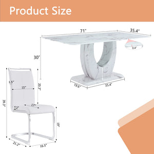 English Elm Table Modern Marble Pattern Dining Set - 71"X35.4" Glass Table With 6 Elegant White Pu Chairs W1151S02114-GIGA