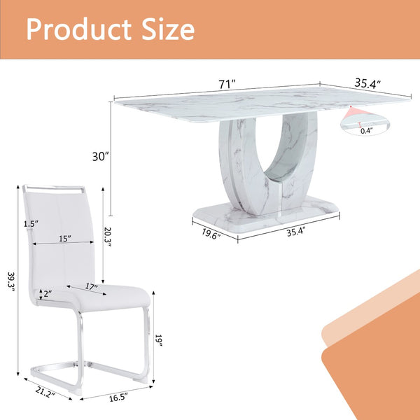English Elm Table Modern Marble Pattern Dining Set - 71"X35.4" Glass Table With 6 Elegant White Pu Chairs W1151S02114-GIGA