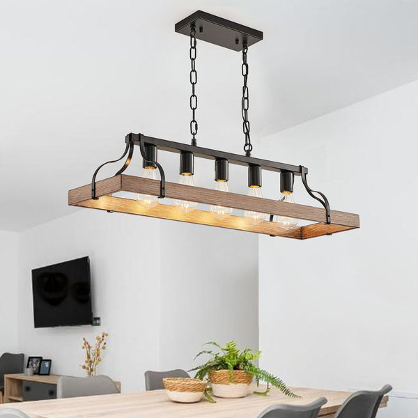 English Elm 34-Inch Industrial Pendant Light with 5 E26 Sockets, Adjustable Chain, Iron Linear Chandelier for Kitchen Walnut W2312P374834