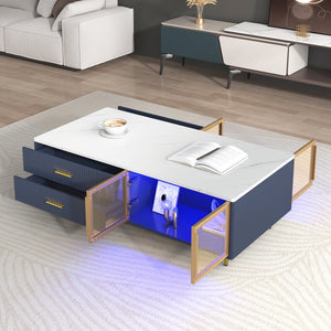 English Elm Modern Blue MDF Coffee Table 47.2" with Marble White Top, Gold Legs, 2 Glass Doors, 4 Drawers, LED N735P167910