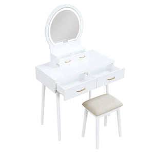 English Elm Beautiful LED Vanity Dresser with Touch Mirror and Padded Stool, Luxe Wood Finish, Brass Pulls, Storage White 33.75 L x 21.75 W x 13.25 H B011P347851
