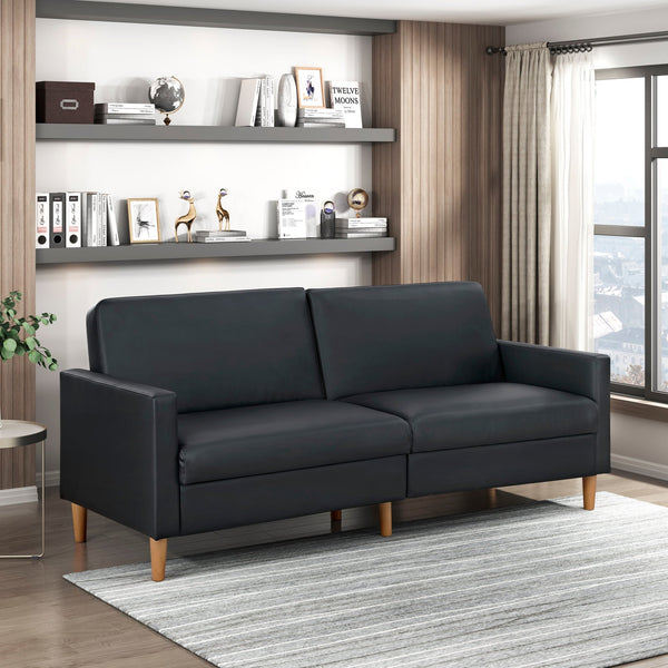 English Elm Comfort Convertible Sleeper Sofa Faux Leather Futon with Plywood Frame, Pocket Coil Comfort, Walnut Legs, 79" Black 46 L x 36.5 W x 17 H B011P332249